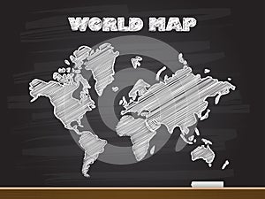 Chalk hand drawing with world map. Vector illustration