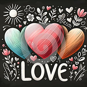 Chalk hearts of three different sizes and colors with the message \