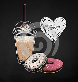 Chalk illustration of takeaway Coffee and donuts