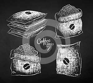 Chalk illustrations of sacks with coffee beans