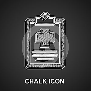 Chalk Medical clipboard with clinical record icon isolated on black background. Prescription, medical check marks report