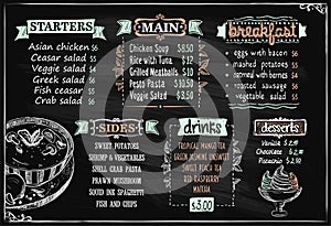 Chalk menu board, vector sketch chalkboard template for cafe or restaurant with starters and main dishes photo