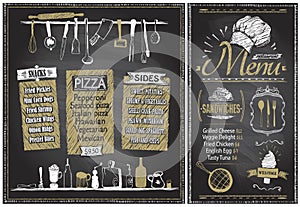 Chalk menu boards with kitchenware, hand drawn graphic illustration