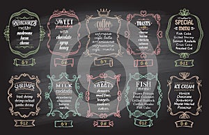 Chalk menu designs set with antique frames on a blackboard - pancakes, sweet pancakes, coffee menu, toasts, etc