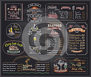 Chalk menu list blackboard designs set for cafe or restaurant