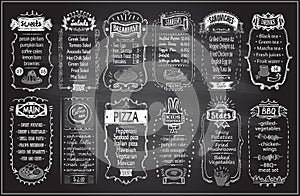 Chalk menu set on a blackboard - sweets, salads, breakfast, starters, sandwiches, etc photo