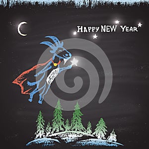 Chalk painted colored illustration with flying goat, Christmas trees, bright stars, moon and text. Happy New Year Theme.