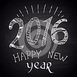 Chalk painted illustration with 2016, ''happy new year'' text and ornaments on black chalkboard.