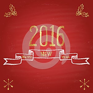 Chalk painted illustration with 2016, ''happy new year'' text, ribbon and crossed arrows on red chalkboard.