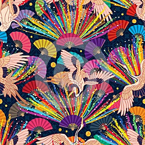 Chalk rainbow Japan crane fan seamless pattern