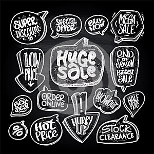 Chalk sale vector signs and prints set - huge sale, super discount, special offer