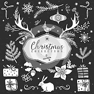 Chalk set of decorative christmas festive illustrations.