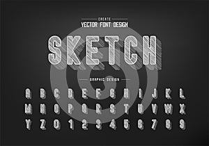 Chalk shadow round font and alphabet vector, Pencil sketch letter typeface and number design