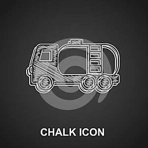 Chalk Tanker truck icon isolated on black background. Petroleum tanker, petrol truck, cistern, oil trailer. Vector