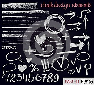 Chalk texture hand drawn design elements. Set of chalk figures, arrows, strokes, lines, frames on black board.