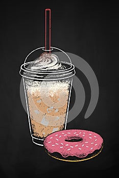 Chalk vector illustration of Coffee cup and donut