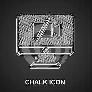 Chalk Video camera Off on computer icon isolated on black background. No video. Vector