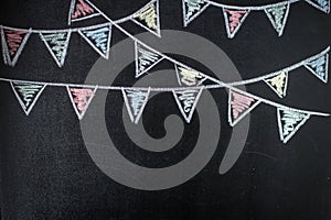 Chalkboard background with drawing bunting flags.