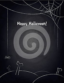 Chalkboard background for Halloween design with hand drawn web, graveyard and spider