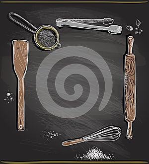 Chalkboard background with kitchen utensils as a frame