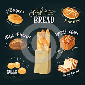 Chalkboard bakery ADs set: bagel, bread, rye bread, ciabatta, wheat bread, whole grain bread, sliced bread, french baguette