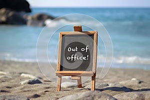 Chalkboard on the beach with text \