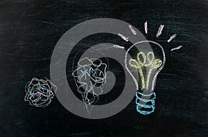 Chalkboard with Chalk Drawing of Hanging Light Bulb. Bright idea