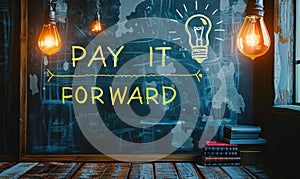 Chalkboard concept with lightbulbs and highlighted PAY IT FORWARD message, representing the idea of passing on a good deed and