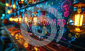 Chalkboard concept with lightbulbs and highlighted PAY IT FORWARD message, representing the idea of passing on a good deed and