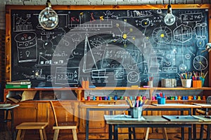 A chalkboard covered in extensive writing, filling the frame with information and notes, A cozy classroom scene with a blackboard