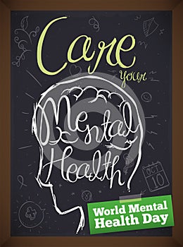 Chalkboard with Doodles and Reminder for World Mental Health Day, Vector Illustration