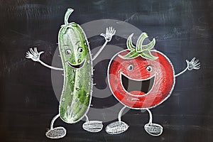 A chalkboard drawing of a cucumber and tomato, sketched in white chalk with smiles. Perfect salad partnerships