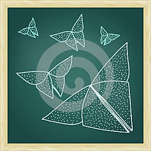 Chalkboard with drawing of origami butterflies in hairline outline style