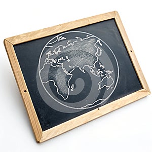 Chalkboard earth globe drawing isolated on white background photo