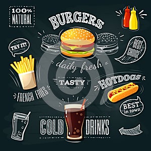 Chalkboard fastfood ADs - hamburger, french fries and hotdog.