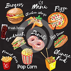 Chalkboard fastfood restaurant menu - hamburger, french fries, hotdog, Chicken wings, donuts, pizza, pop corn, chinese
