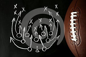 Chalkboard with football game scheme and rugby ball