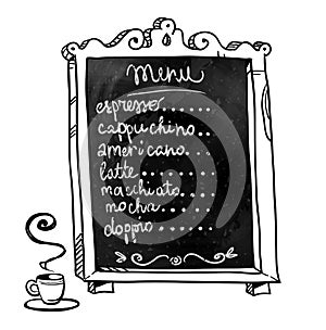 Chalkboard. Hand drawn. Coffee shop menu