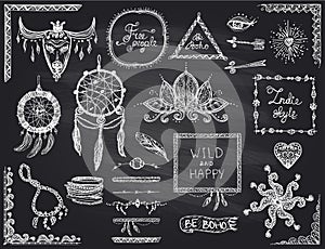 Chalkboard hand drawn sketch elements set in boho style, hippie, indie style, dream catcher, necklace and bracelets, frames photo