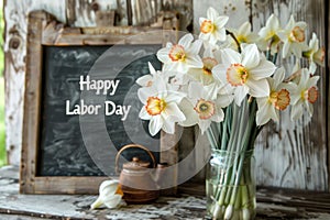 Chalkboard with Happy Labor Day Greeting and Fresh Daffodils on Vintage Wooden Background