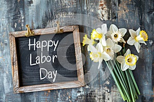 Chalkboard with Happy Labor Day Greeting and Fresh Daffodils on Vintage Wooden Background