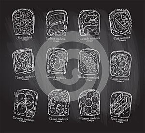 Chalkboard illustration of assorted sandwiches