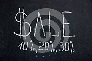 Chalkboard lettering SALE with dollar sign, discount percentages 10,20,30 and three dots