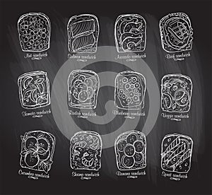 Chalkboard line illustration of assorted sandwiches
