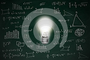 Chalkboard with math formula and idea concept bright glowing light bulb