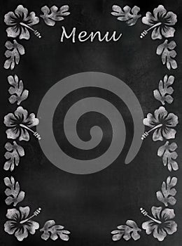 Chalkboard menu sign with hibiscus border. Vertical