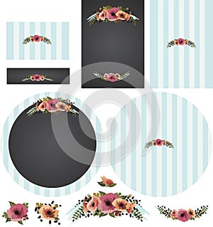 Chalkboard poppies with striped backing in cyan invitation set 2