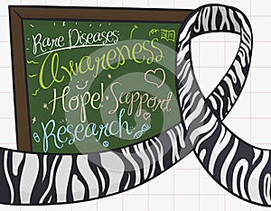 Chalkboard with Precepts and Zebra Ribbon for Rare Disease Day, Vector Illustration