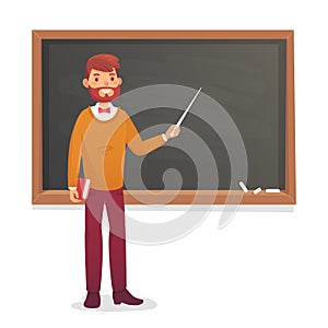 Chalkboard and professor. College or university teacher teach at blackboard. Academic teaching cartoon vector