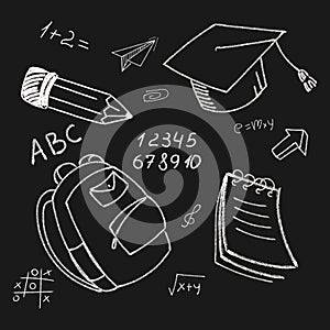 Chalkboard set with hand drawn school elements including a pencil, graduation cap, backpack,numbers,Vector illustration